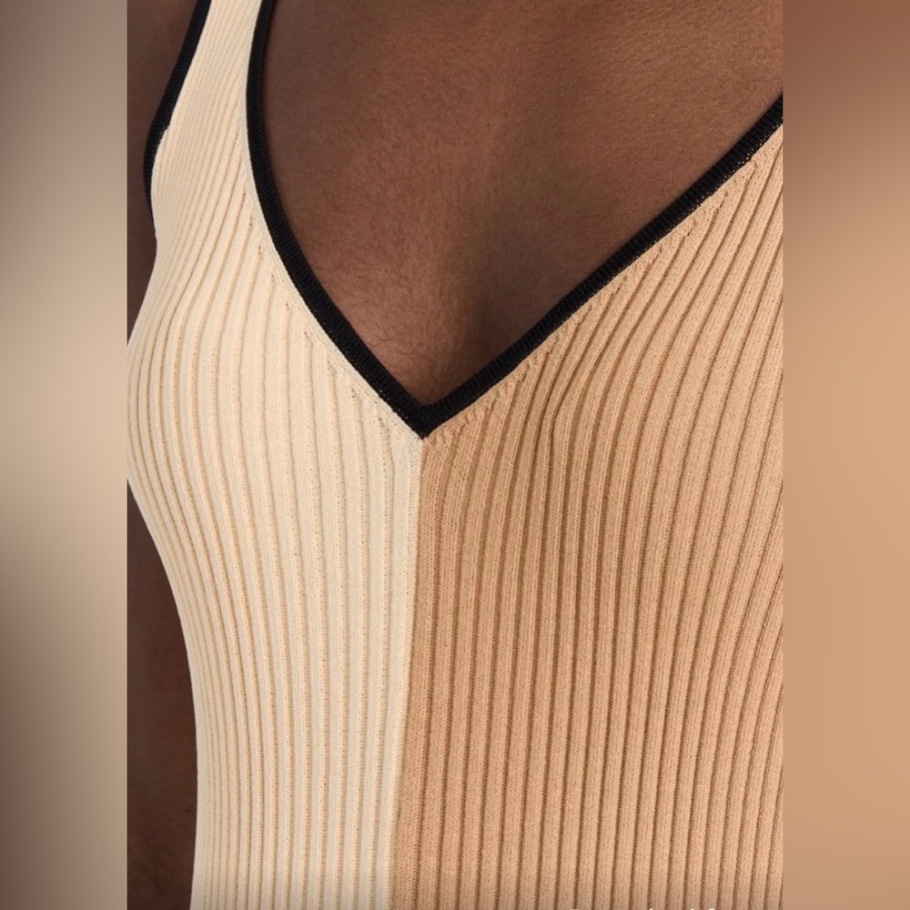 STAUD V Neck Ribbed Midi Dress Cream and Tan - Picture 5 of 9